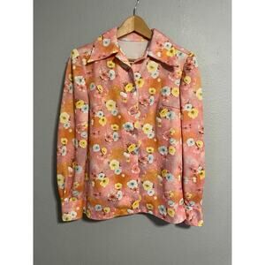 Vintage Handmade Womens Top Large Pink Floral Popover Long Sleeve Mod Boho 70s
